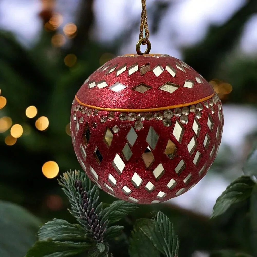 Vintage Indian Beaded Mirror Ball Christmas Ornament Boho Hippie Red Blue Gold